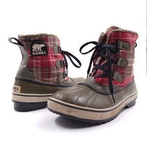 Sorel Tivoli Plaid Womens Size 9 Red Brown Waterproof Winter Boots 1549 316